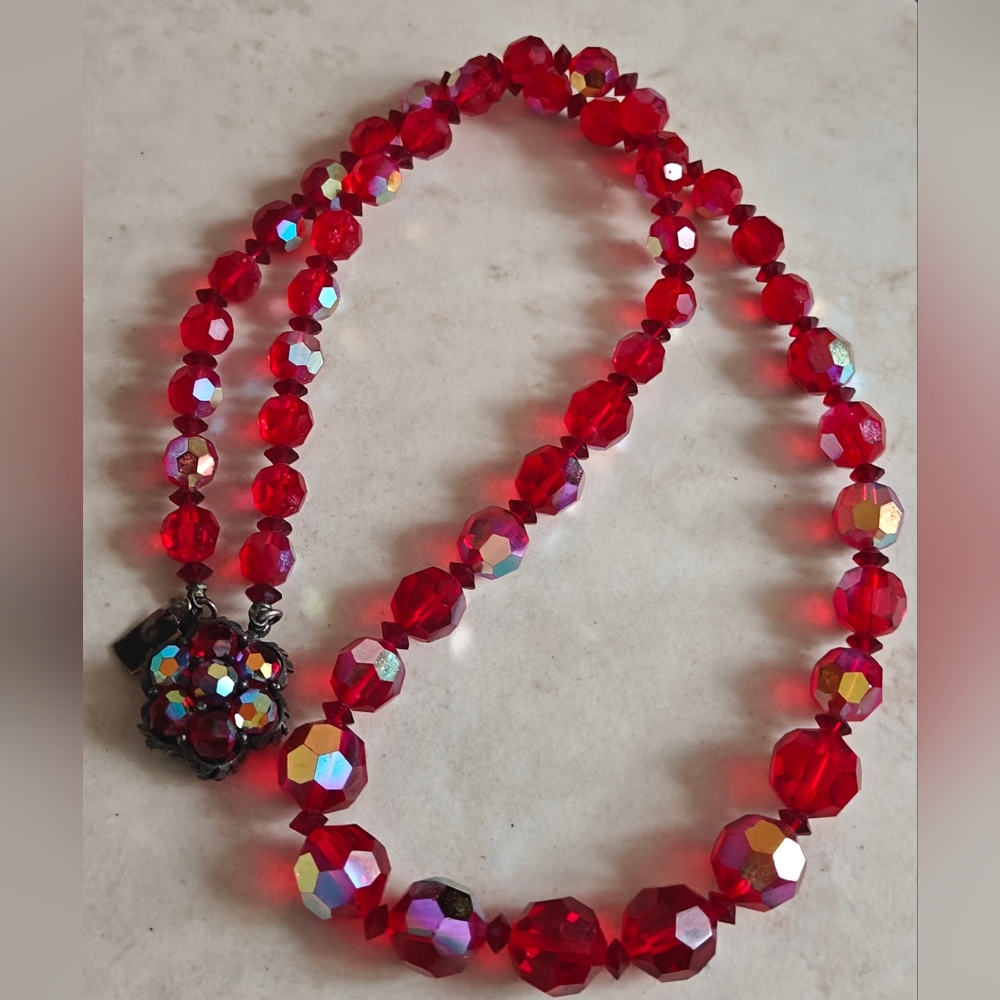 Signed Sherman Siam Red Aurora Crystal Bead Necklace